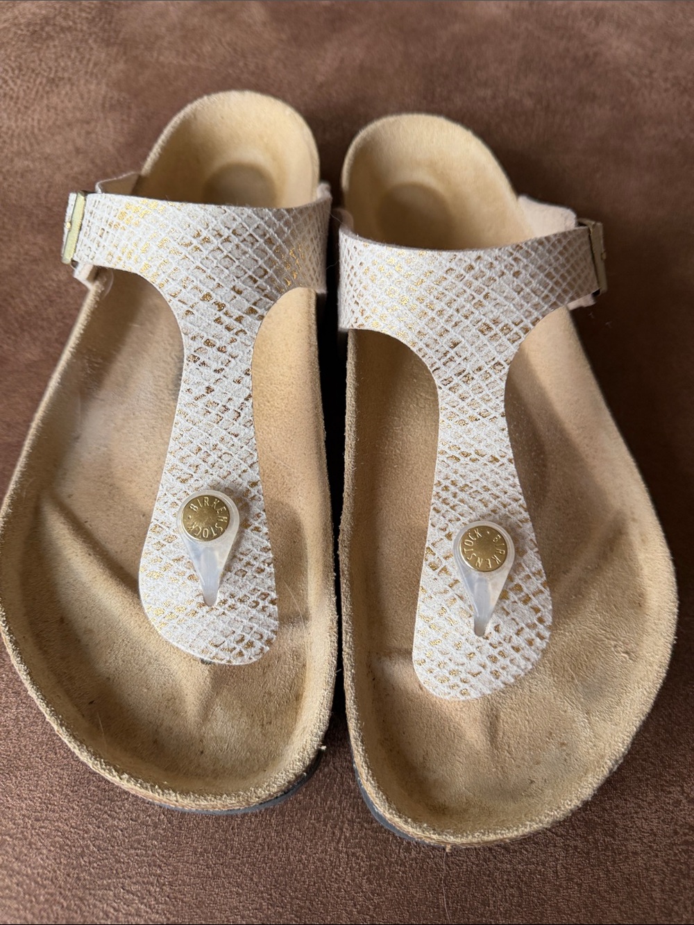Birkenstock White Snake-Texture T-Strap Sandals